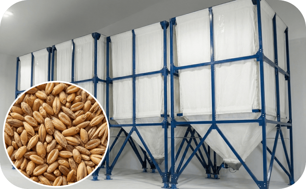 Несколько тканевых силосов для зерна и комбикорма в ряд