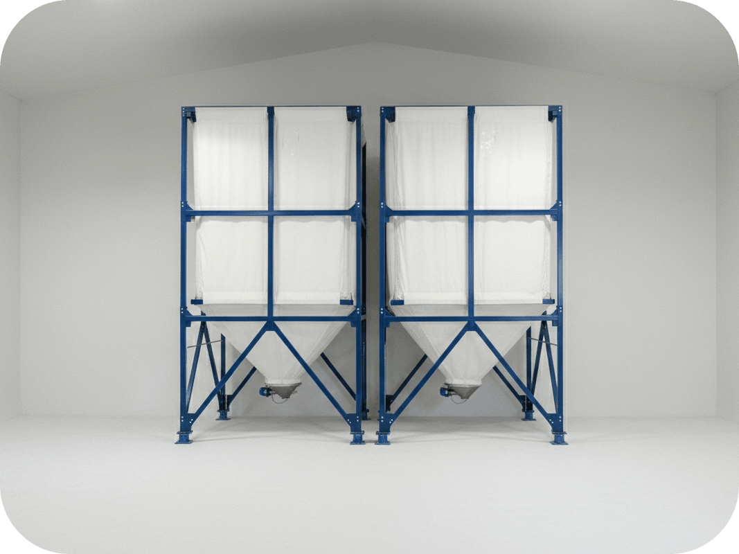 Два тканевых силоса в белом ангаре